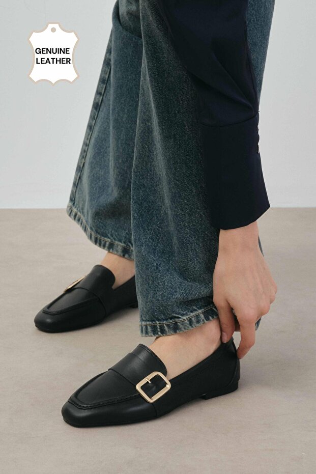 Martina Genuine Leather Black Color Blunt Toe Women's Loafer Shoes