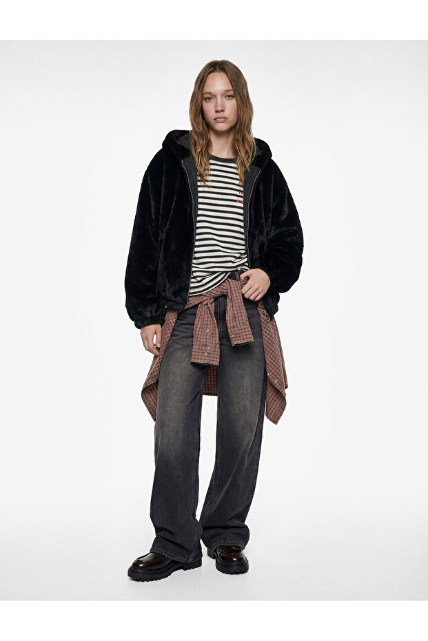 Hooded Zippered Faux Fur Jacket