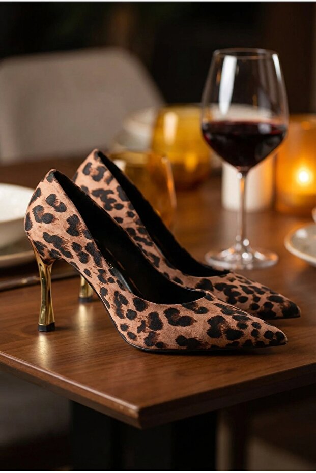 Kadın Leopar Desenli 9 cm Altın Kaplama Topuklu Stiletto – Vegan Deri, Hafızalı Ped, Şık ve Rahat - 7