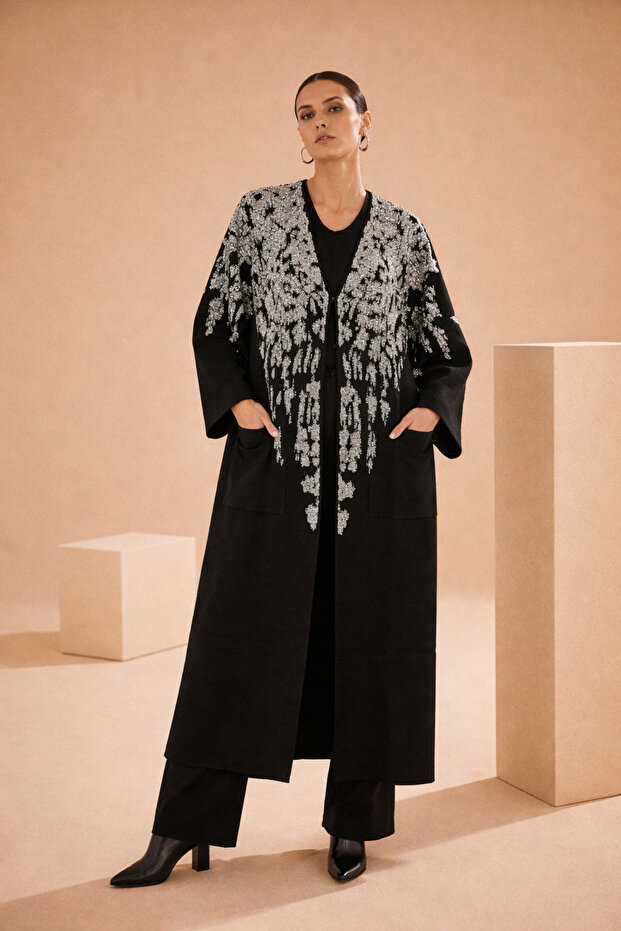 Black Gray Embossed Floral Patterned Knitwear Women's Cardigan