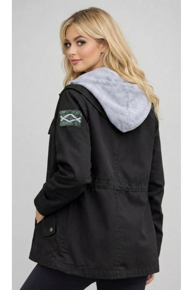 Women's Hooded combed cotton Vest Set pocketed gabardine jacket with crest detail