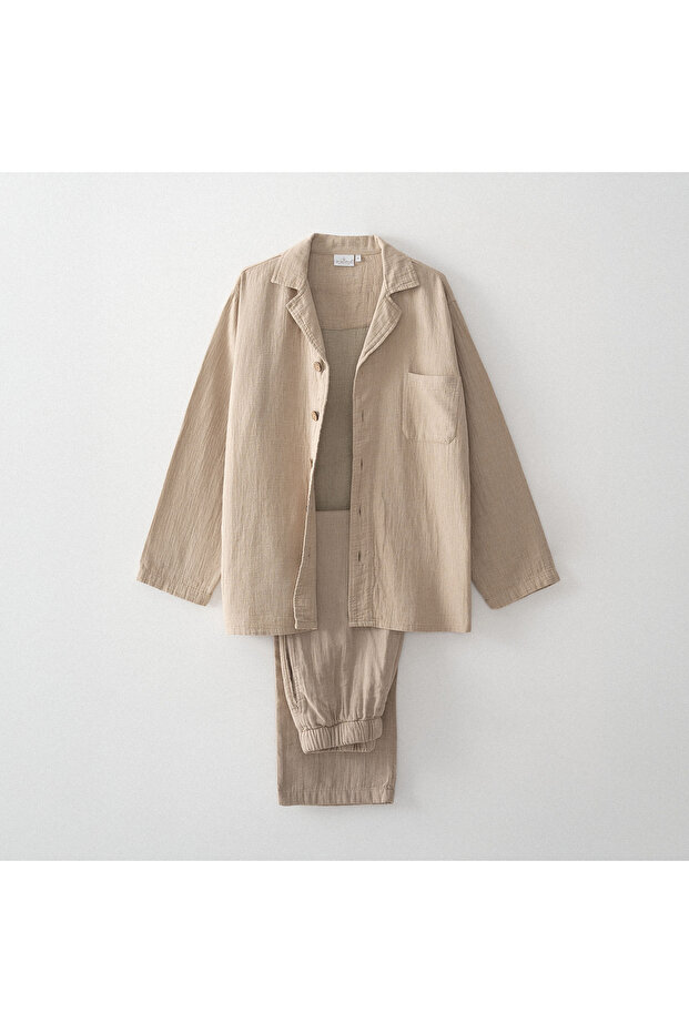 Melsa Men's Pajama Set 100% Organic Cotton Muslin Beige