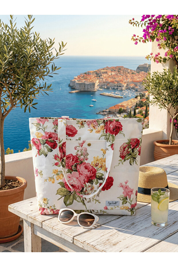 حقيبة شاطئ بجيب منقوشة بالزهور - 2