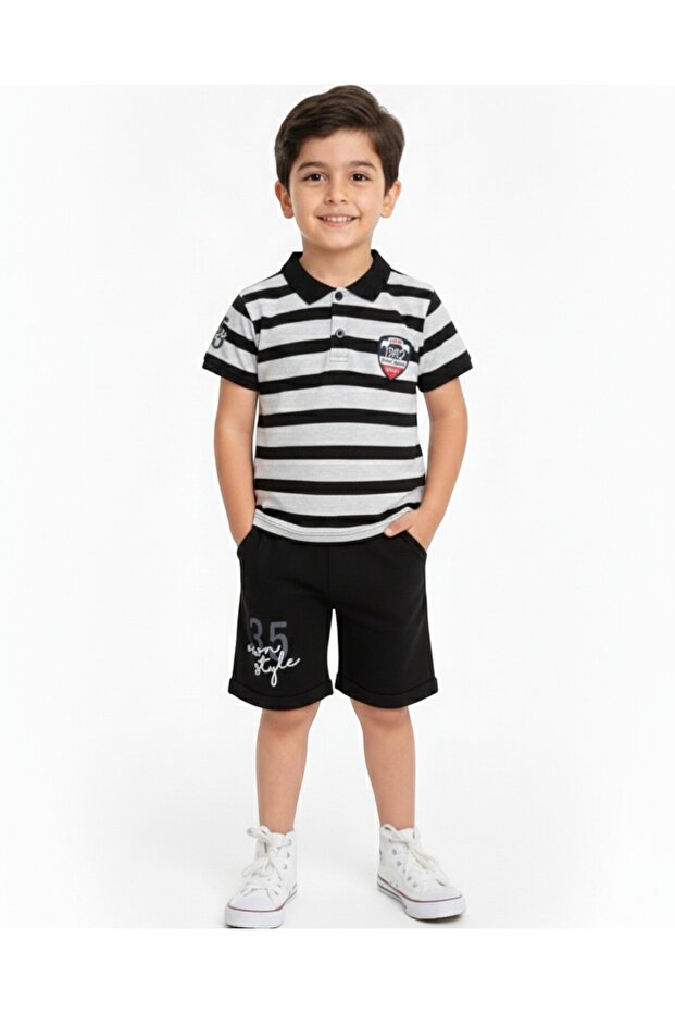 Boys' Casual Striped Polo T-Shirt and Shorts Set