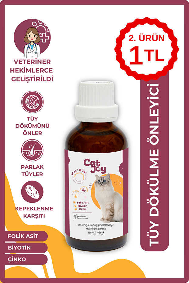 CATJOY Kediler İçin Plus B Damla 50ml - Tüy Dökümünü Azaltan Tüy Sağlığını Destekleyen Damla