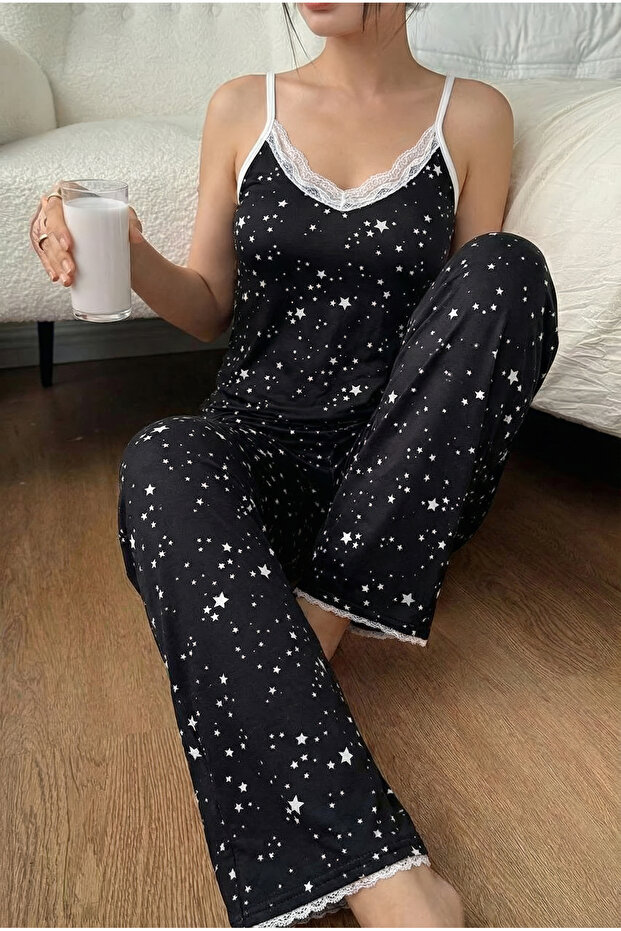 Lace Detailed Pegasus Strap Women's Pajama Set