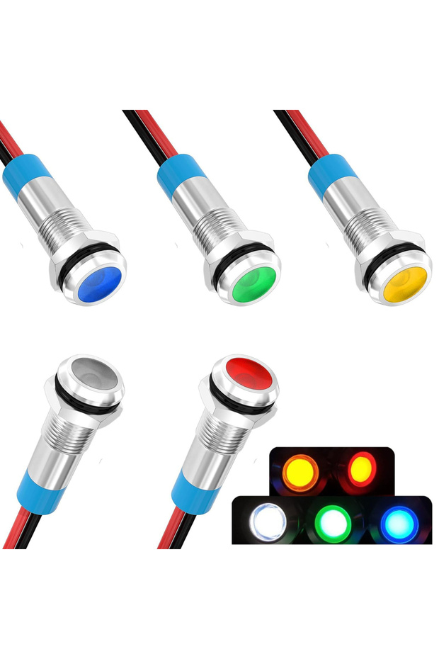 5 قطع متنوعة (5 عبوات) مؤشر ضوئي LED مقاس 6 مم يعمل بجهد 12-24 فولت تيار متردد/مستمر، مقاوم للماء بمعيار IP65، أضواء LED 24 فولت، مؤشرات معدنية