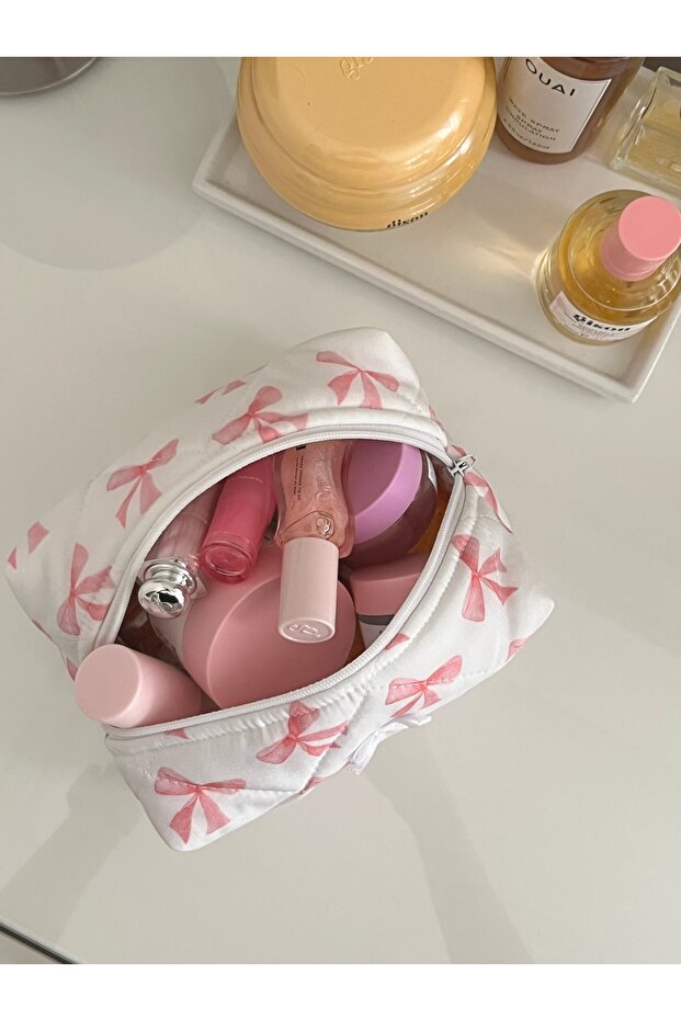 حقيبة مكياج منقوشة بفيونكة حجم صغير - 5