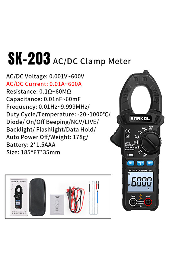 مقياس التيار المتردد/المستمر متعدد الوظائف SK-203 SNAKOL، مزود بـ 6000 عد، لقياس التيار الكهربائي، ومقياس الفولت، ومقياس المقاومة.