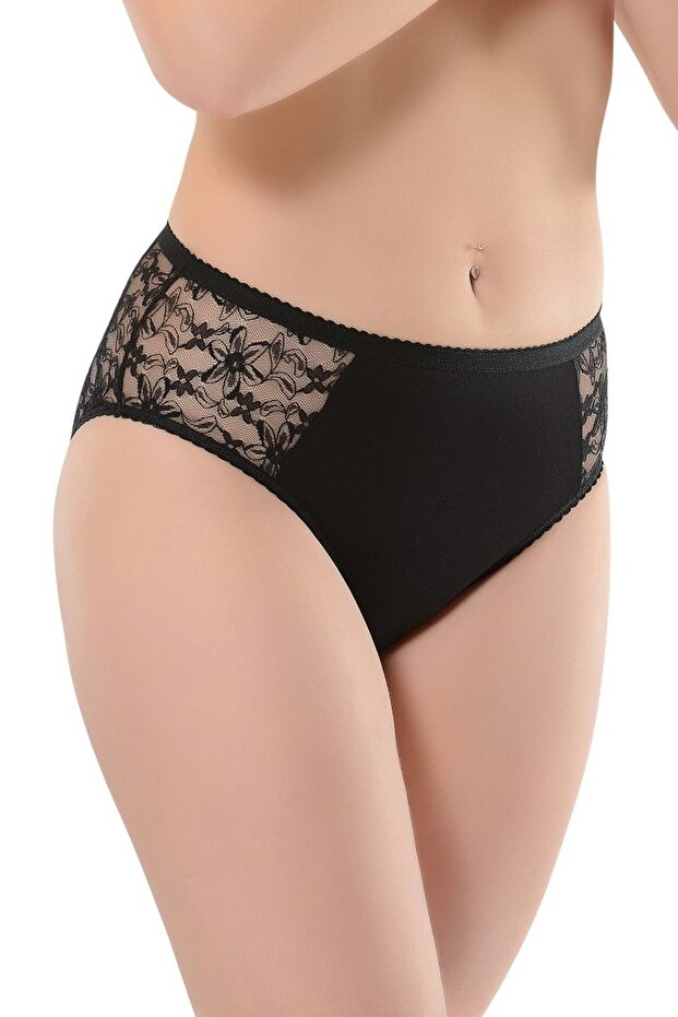 022 Women's Back Tulle Floral Patterned Panties Black L