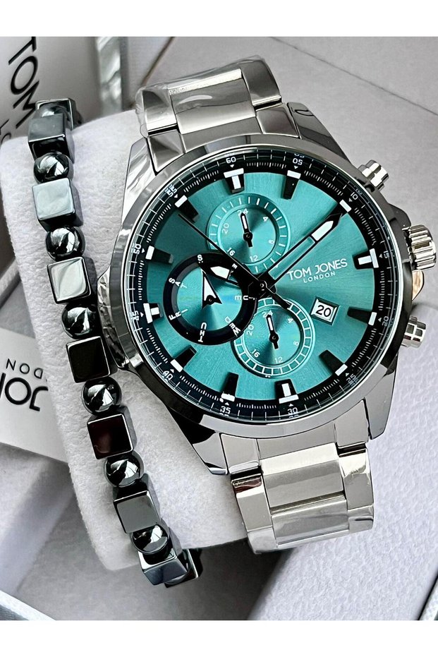 New Men's Wristwatch Silver Color Steel Band 5 Atm Water Resistant+Natural Stone Bracelet Gift