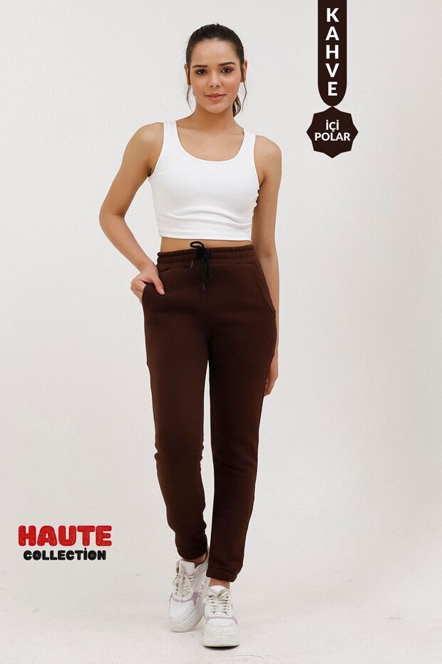 Haute 1019 Brown Winter Thick Fleece Inside High Waist Women's Sweatpants