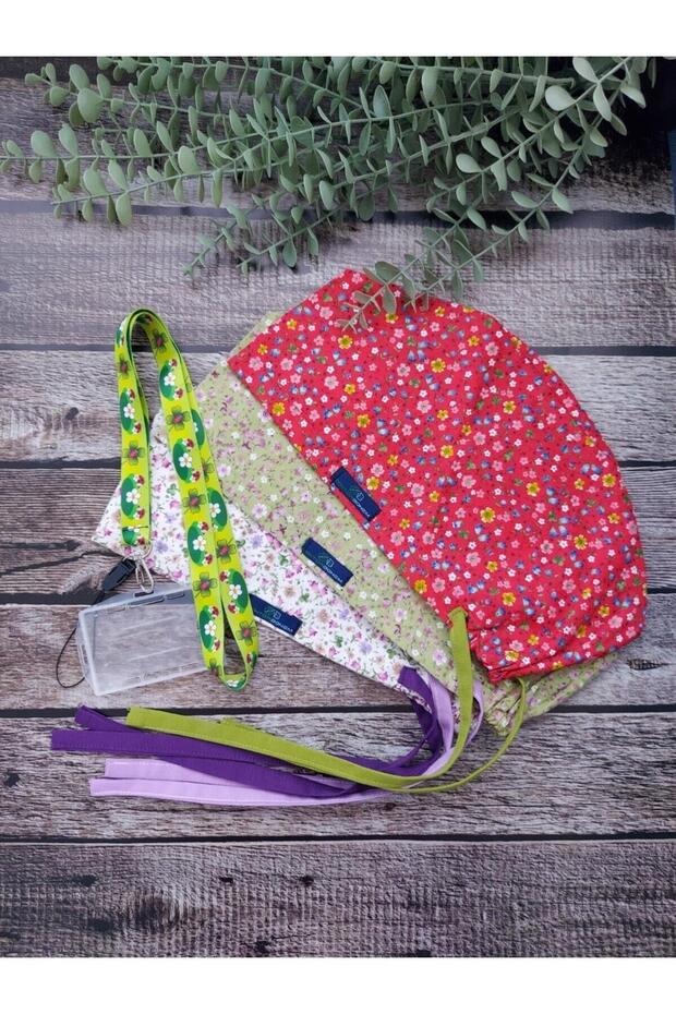 Hijab Size Red Green Cream Crispy Surgical Cap + Card Strap