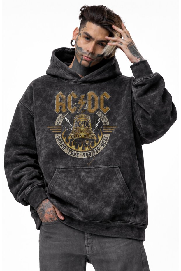 Unisex Vintage Ac-Dc Printed Hooded Washable Sweatshirt, Oversize Printed Vintage Hoodie