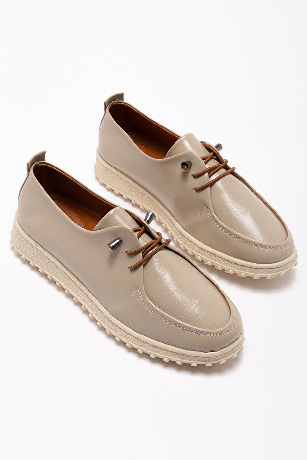 Women's Beige Genuine Leather Laced Orthopedic Ballerinas