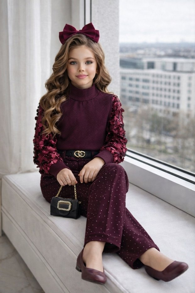 Girls' Festive Pulpayet-Detail Pants with Feathers and Stones, Belt and Bag