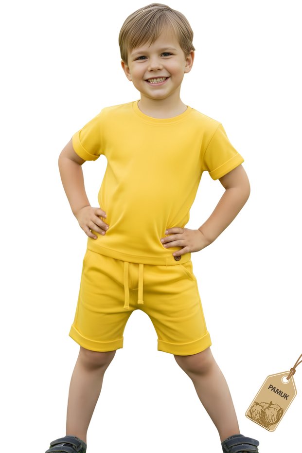 Children's Set - Button Detailed Summer Set for Girls and Boys, Unisex Yellow Children's Top and Bottom Set