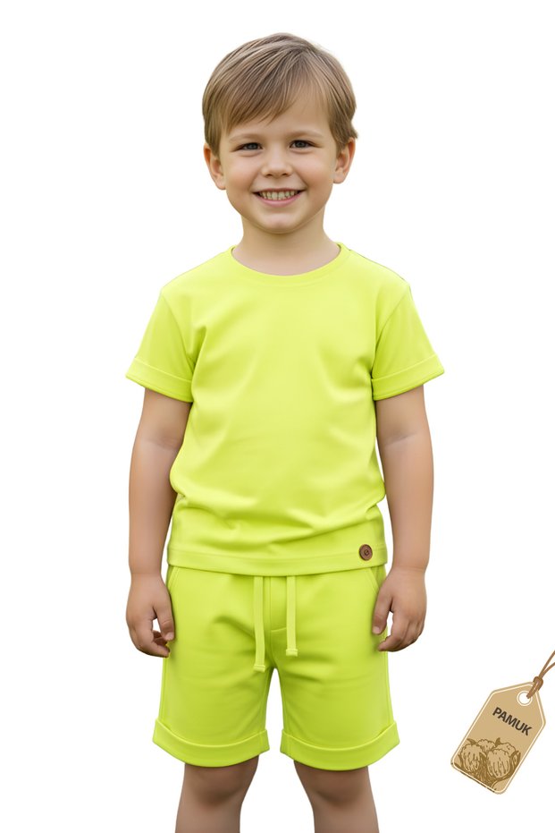 Children's Set - Button Detailed Summer Set for Girls and Boys, Unisex Neon Yellow Children's Top and Bottom Set
