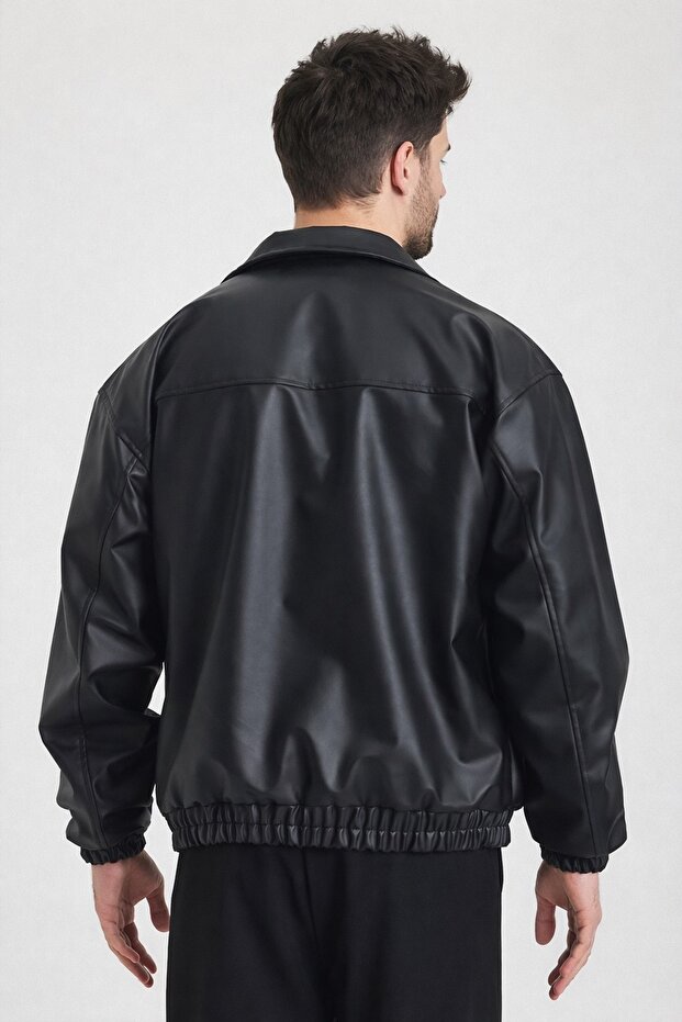 Oversize Erkek Siyah Deri Ceket - 3