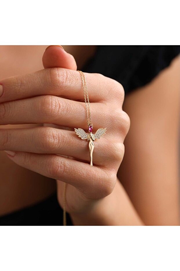 Ruby Taşlı Altın Melek Kolye - 3