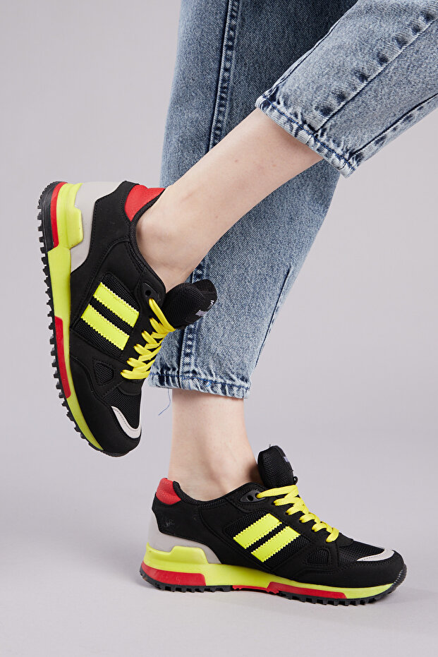 Unisex Siyah Sarı Termo Taban Şeritli Bağcıklı Spor Ayakkabı - 2