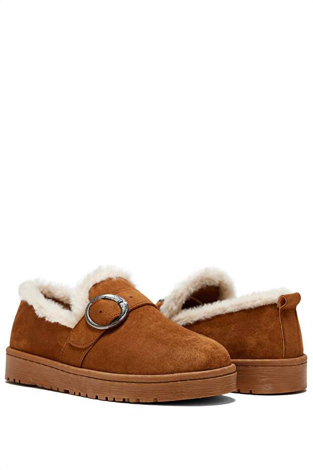 Women's Tan Suede Comfortable Furry Inside Buckle Short Boots