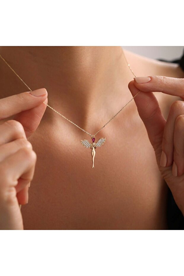 Ruby Taşlı Altın Melek Kolye - 1