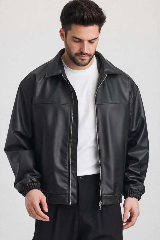 Oversize Erkek Siyah Deri Ceket - 2