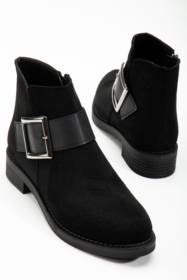 Women's Black Suede Thermo Sole Buckle Zippered Short Heeled Boots