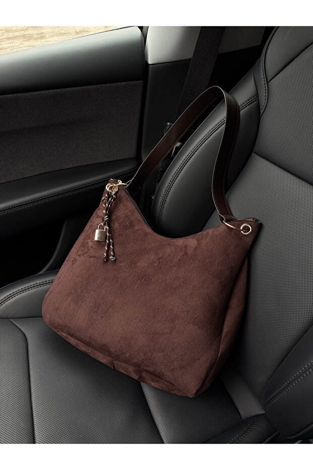 Women's Brown Suede Charm Detailed Zipper Closure Hand and Shoulder Bag Toli