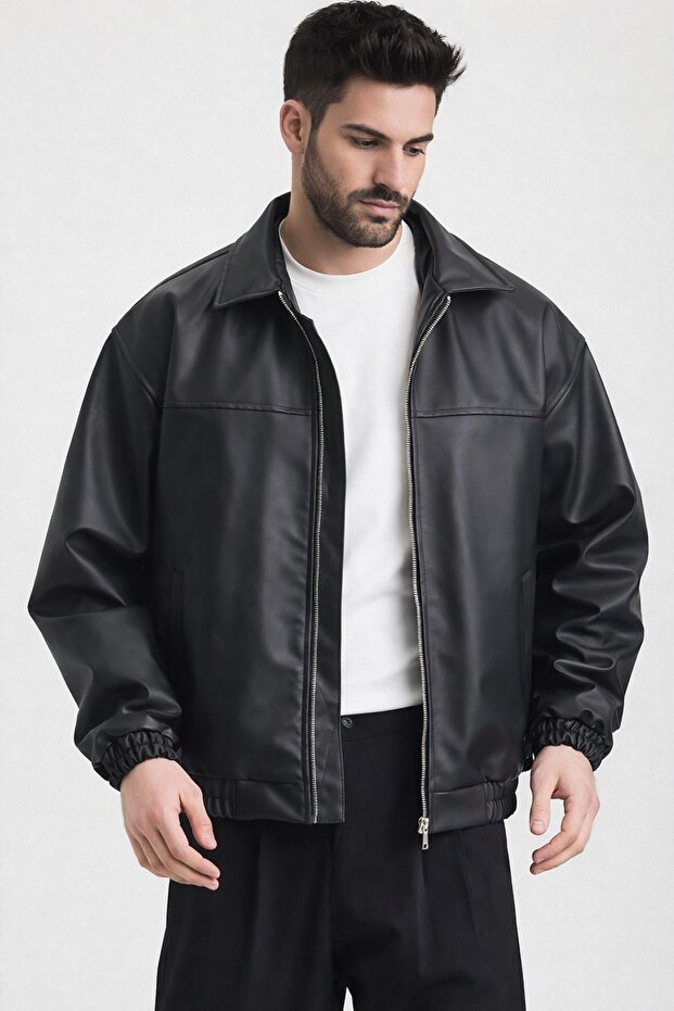 Oversize Erkek Siyah Deri Ceket - 1