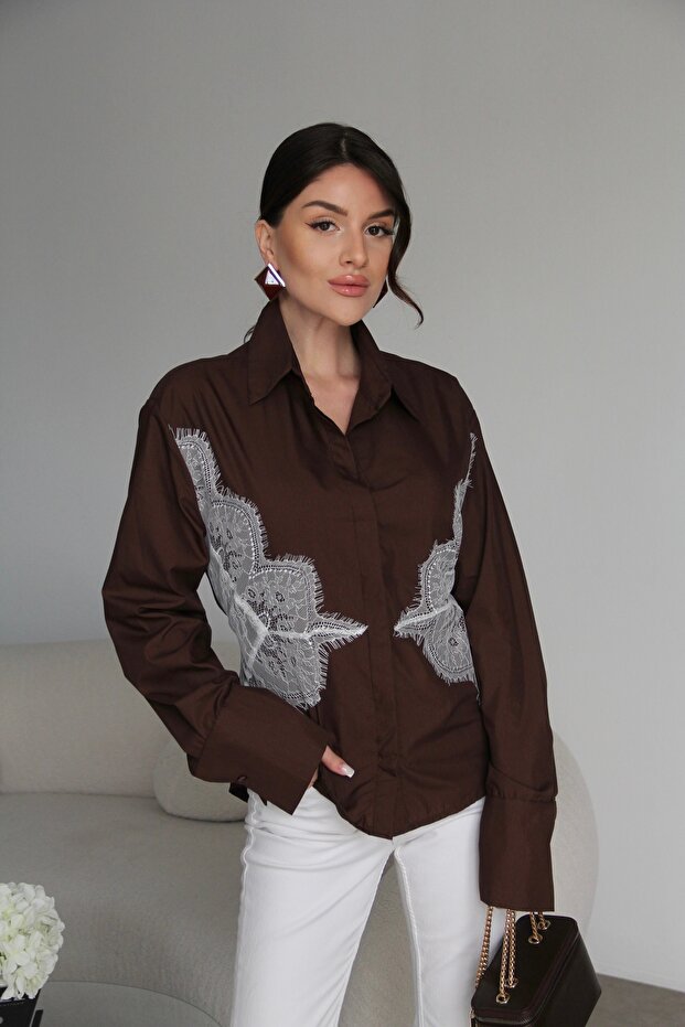 Brown Lace Detail Tie-Back Premium Shirt