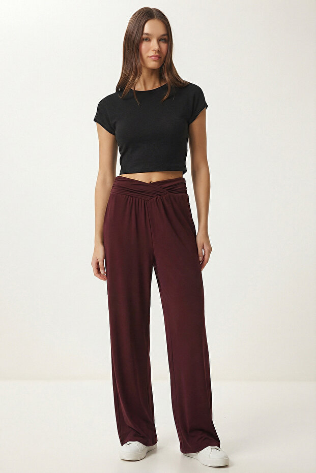 Drawstring Cross Belt Knitted Trousers Lcr0112 Bordo