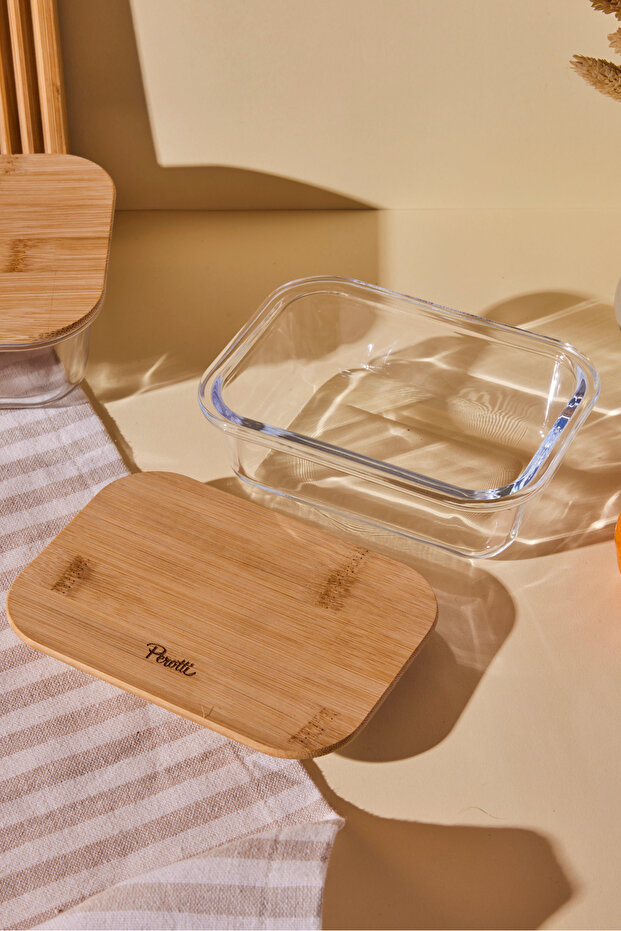 Locky Bamboo 370 ml Rectangular Glass Storage Container - 3