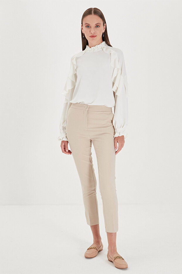 Narrow Leg Fabric Beige Trousers P-0024