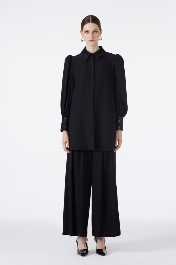 Stone Detailed Balloon Sleeve Black Tunic 1452