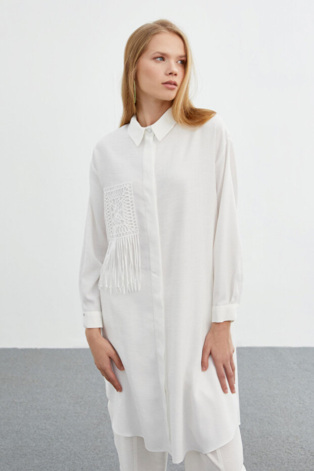 Shirt Collar Long Ecru Tunic 1422