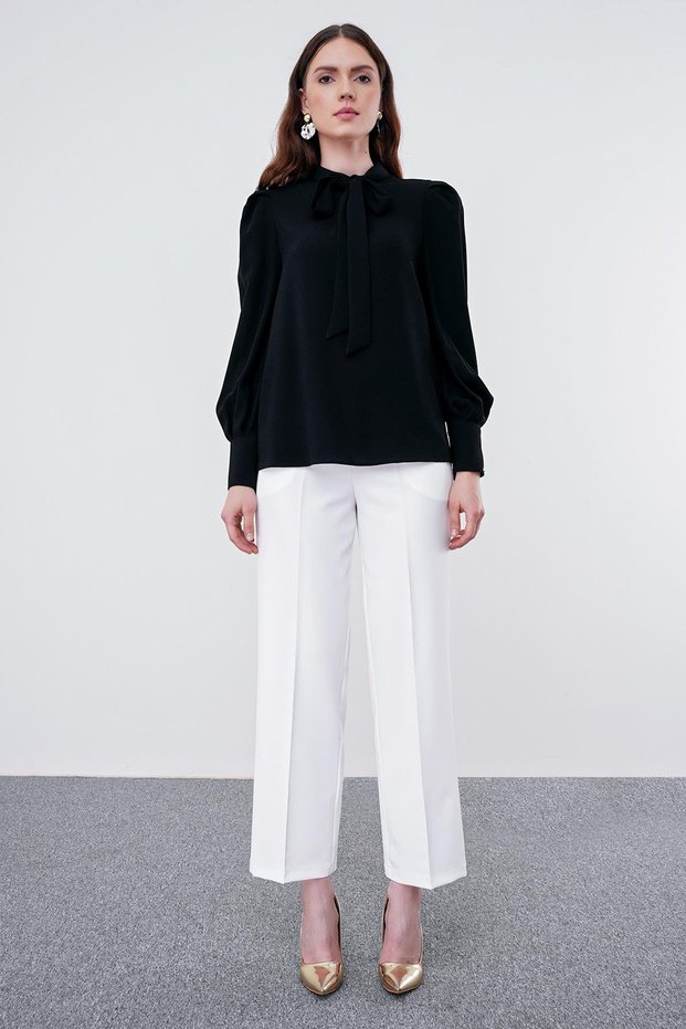 Wide Leg Fabric Ecru Trousers with Waist Elastic Detail P-0102