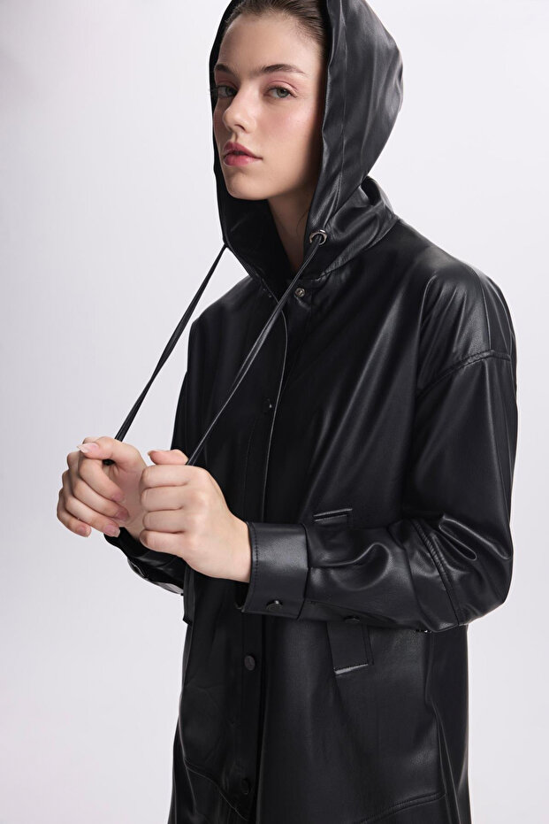 Hooded Pocket Detailed Long Jacket Black 0135