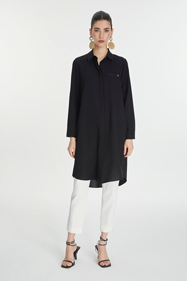 Black Tunic with Hidden Button Detail T-0767