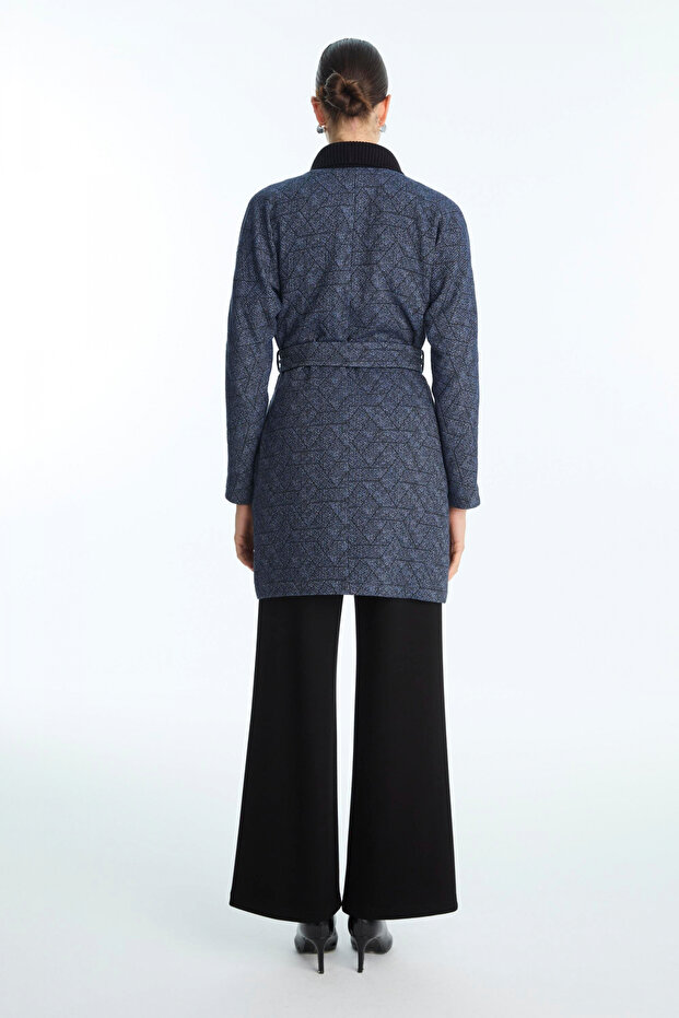 Patterned Belted Navy Blue Jacket 0178 - 5
