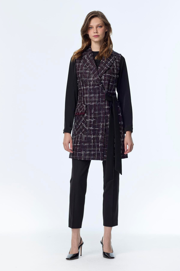 Tweed Patterned Belt Detailed Double Plum Suit 1389