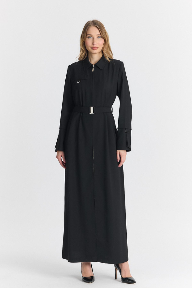 Shirt Collar Zippered Belted Black Overcoat 13781