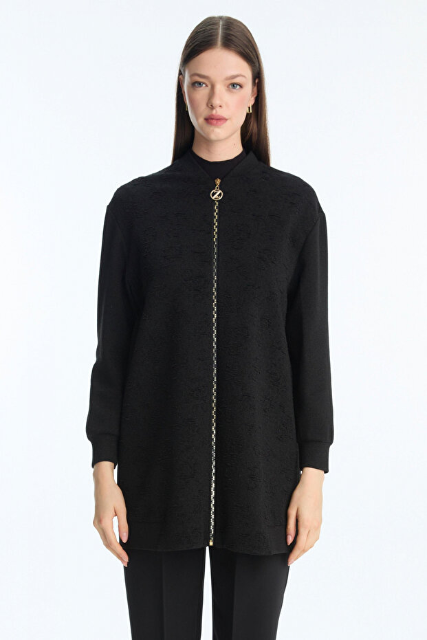 Textured Zipper Detailed Black Jacket 0164