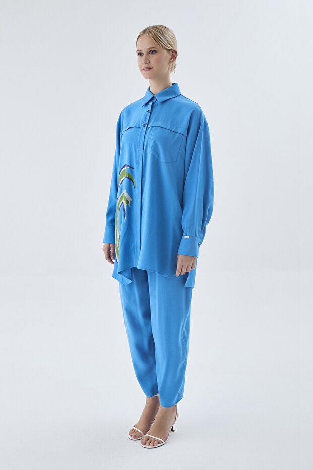 طقم مزدوج منقوش بأزرار باللون الفيروزي 1454 - 3