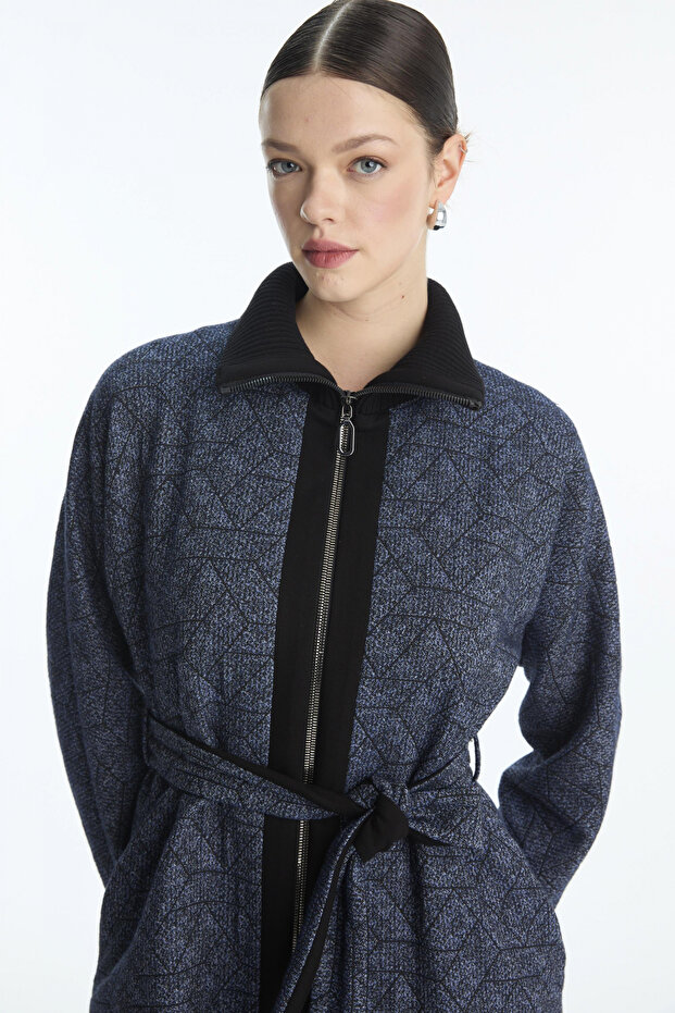 Patterned Belted Navy Blue Jacket 0178 - 4