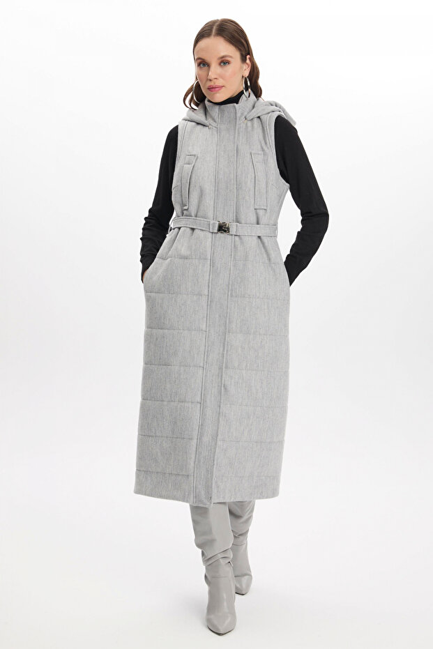 Hooded Pocket Detailed Gray Vest 0087