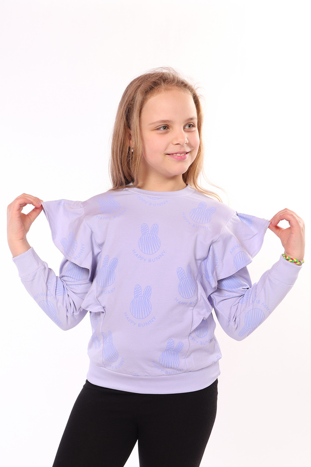 Girl's Regular Fit Crew Neck Ruffle Printed Sweatshirt - 2 Yarns