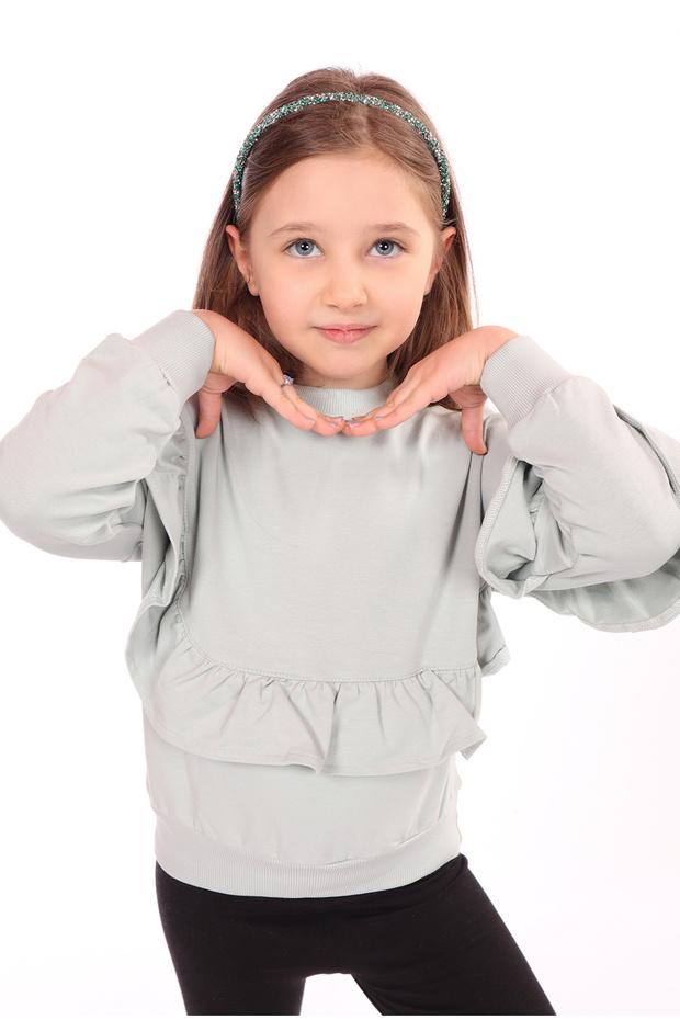Girl's Oversize Crew Neck Drop Shoulder Asymmetrical Sweatshirt - Ruffle Detail & 2 Strands