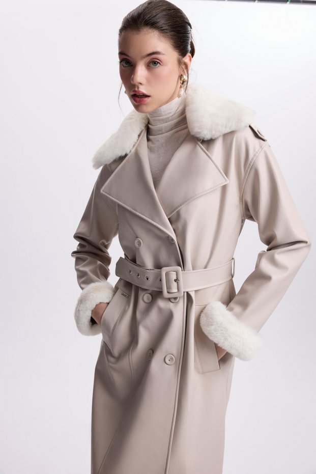 Stone Trench Coat with Fur Detail on Sleeves and Shoulders 13521